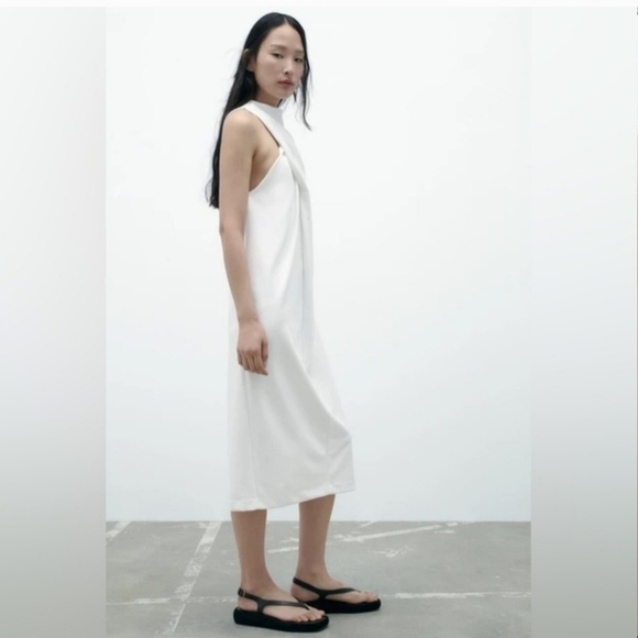 New Zara Knotted Front Detail Sleeveless White Midi Dress NWT Small - Picture 3 of 16